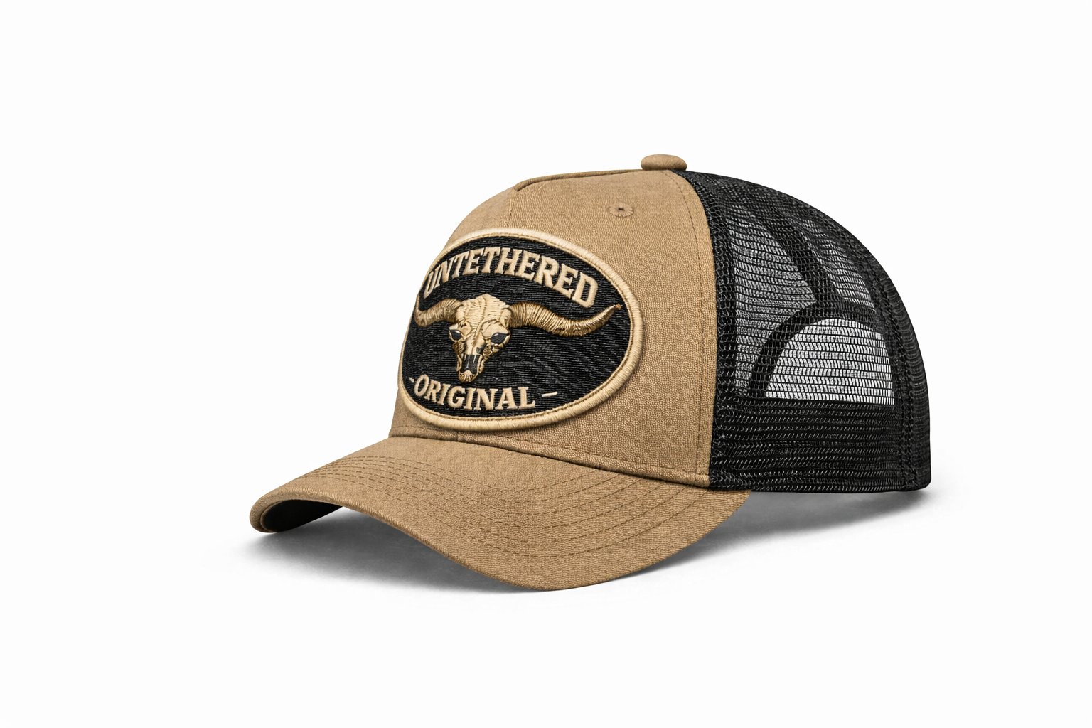 Untethered Original — tan and black trucker cap with longhorn oval patch