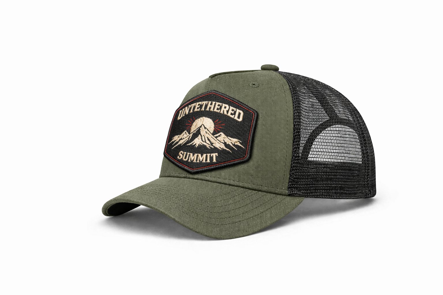 Untethered Summit — olive and black trucker cap with hex mountain patch